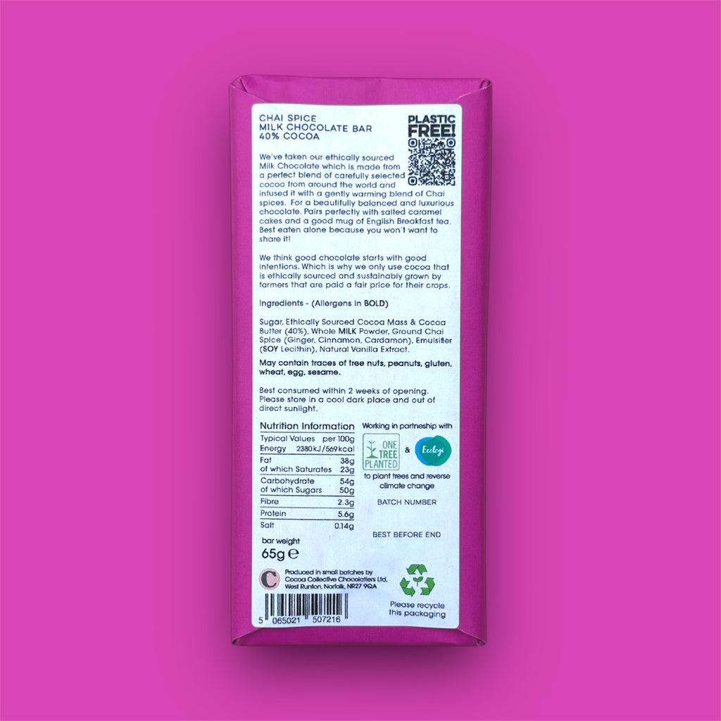 Chai Spice | Ethically Sourced | Milk Chocolate Bar | 40% Cocoa