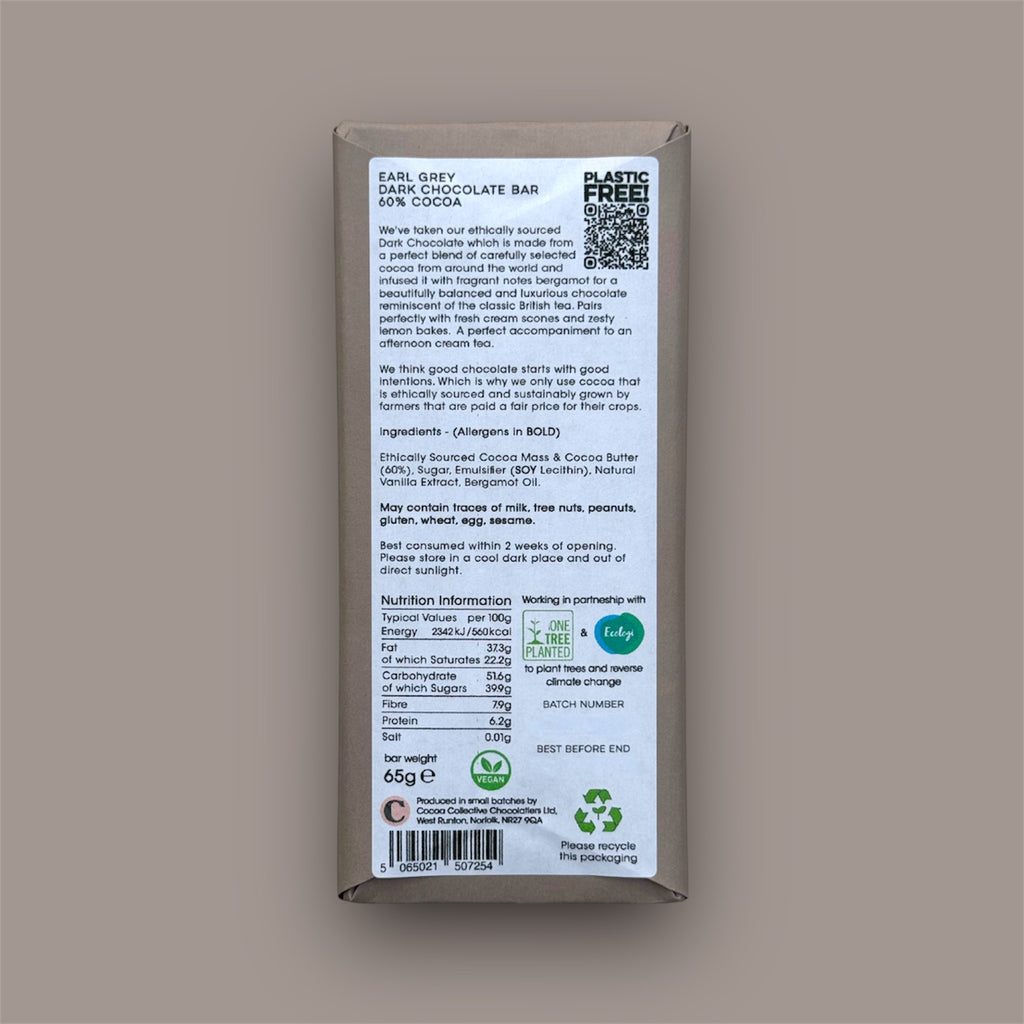 Earl Grey | Ethically Sourced | Dark Chocolate Bar | 60% Cocoa