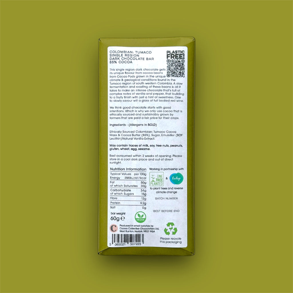 Colombian Tumaco | Single Region | Dark Chocolate Bar | 85% Cocoa